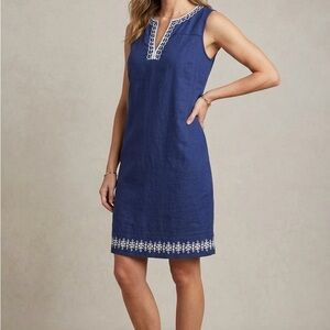 Vineyard Vines Embroidered Sleeveless Shift Dress Navy Blue White Trim Beach XS